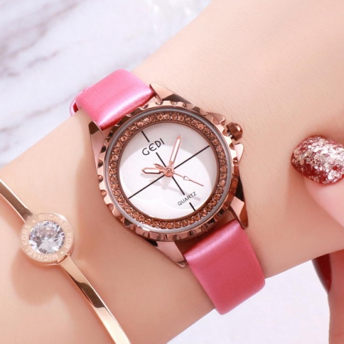 GEDI Personality Diamond Inlaid Gear Shape Dial Elegant Leather Strap Waterproof Quartz Ladies Watch