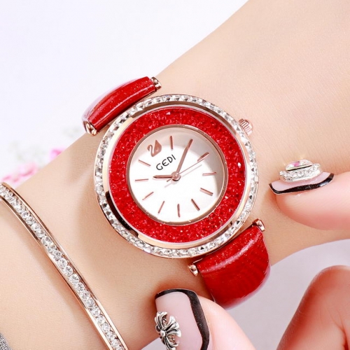 GEDI Light Luxury Diamond Inlaid Dial Elegant Leather Strap Waterproof Quartz Ladies Watch