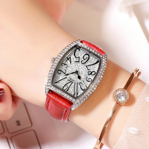 GEDI Hot Sale Diamond Inlaid Tonneau Dial Exquisite Leather Strap Waterproof Quartz Ladies Watch