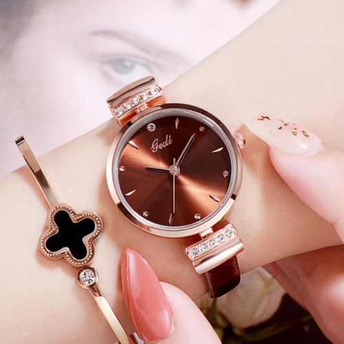 GEDI Exquisite Simplicity Diamond Inlaid Dial Elegant Thin Leather Strap Waterproof Quartz Ladies Watch