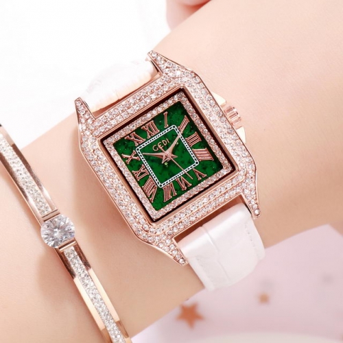 GEDI Diamond Inlaid Roman Scale Square Dial Retro Elegant Leather Strap Waterproof Quartz Ladies Watch