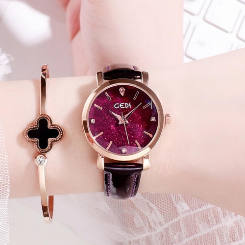 GEDI High-grade Diamond Inlaid Shinning Dial Elegant Leather Strap Waterproof Quartz Ladies Watch