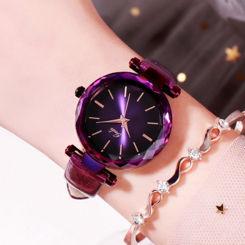 GEDI Light Luxury Versatile Diamond Cutting Mirror Simplicity Leather Strap Quartz Ladies Watch