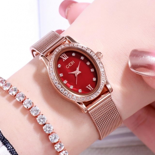 GEDI Simplicity Mesh Band Waterproof Retro Elegant Diamond Inlaid Oval Dial Quartz Ladies Watch