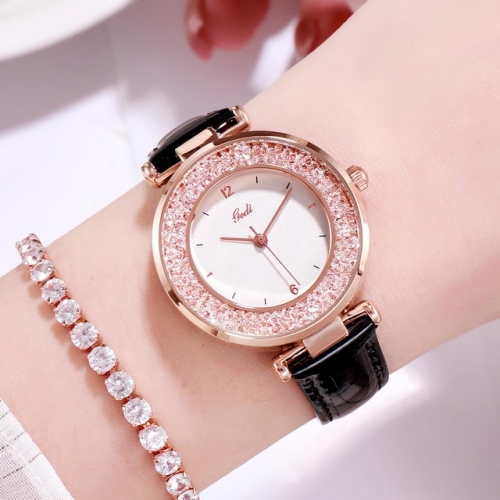GEDI Korean Style Diamond Inlaid Exquisite Dial Elegant Leather Strap Waterproof Quartz Ladies Watch