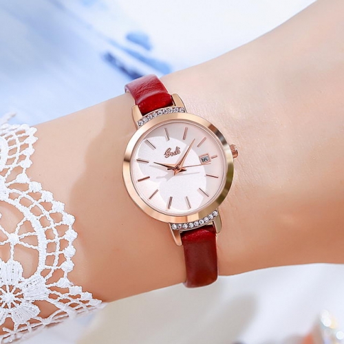 GEDI Calendar Display Simplicity Dial Diamond Inlaid Elegant Leather Strap Quartz Ladies Watch