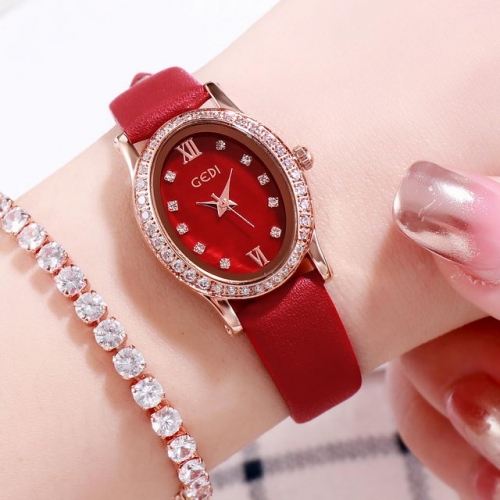 GEDI Retro Elegant Diamond Inlaid Oval Dial Simplicity Leather Strap Waterproof Quartz Ladies Watch