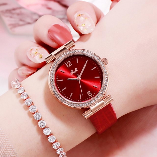 GEDI Versatile Korean Style Diamond Inlaid Dial Exquisite Leather Strap Waterproof Quartz Ladies Watch