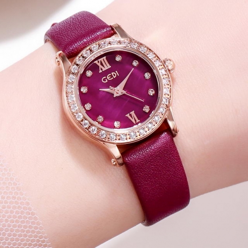 GEDI Elegant Versatile Diamond Inlaid Dial Simplicity Leather Strap Waterproof Quartz Ladies Watch