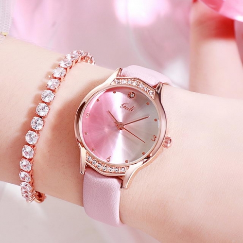 GEDI Gradual Colorful Fashion Diamond Inlaid Dial Simplicity Leather Strap Waterproof Quartz Ladies Watch