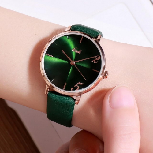 GEDI Korean Style Textured Dial Elegant Leather Strap Waterproof Quartz Ladies Watch