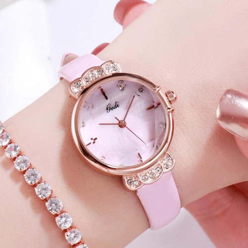 GEDI Exquisite Diamond Inlaid Small Dial Elegant Textured Leather Strap Waterproof Quartz Ladies Watch