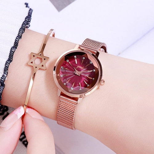 GEDI Fashion Korean Style Diamond Inlaid Dial Textured Mesh Band Waterproof Quartz Ladies Watch