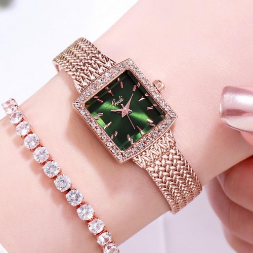 GEDI Exquisite Retro Diamond Inlaid Small Square Dial Elegant Woven Steel Band Waterproof Quartz Ladies Watch