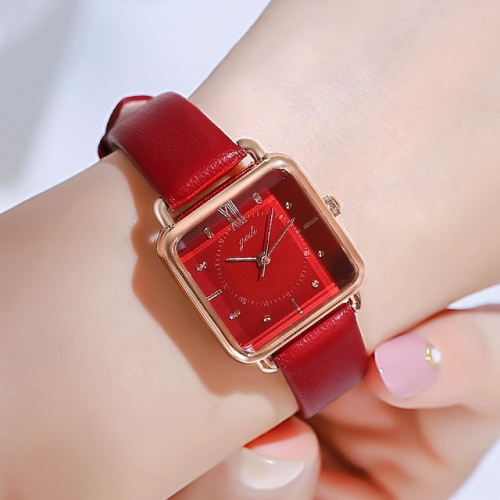 GEDI Retro Diamond Inlaid Square Dial Elegant Leather Strap Waterproof Quartz Ladies Watch