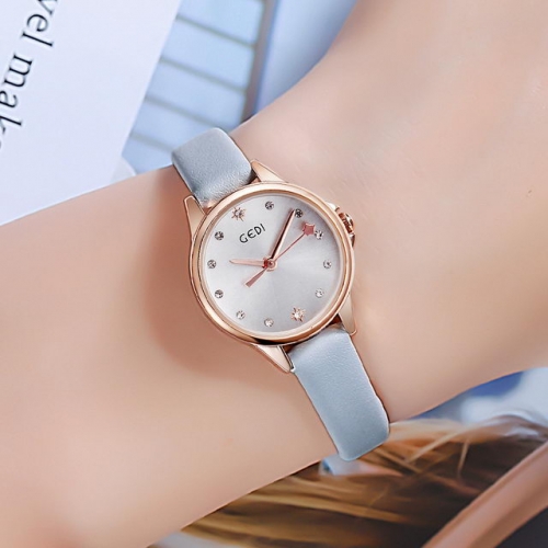 GEDI Girlish Diamond Scale Star Pointer Elegant Thin Leather Strap Waterproof Quartz Ladies Watch