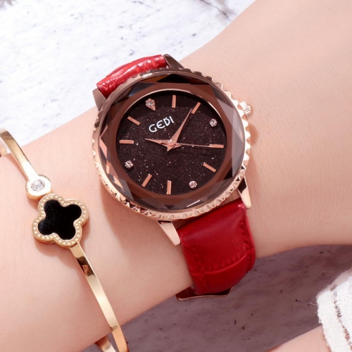 GEDI Fashion Diamond Inlaid Shinning Dial Exquisite Leather Strap Waterproof Quartz Ladies Watch