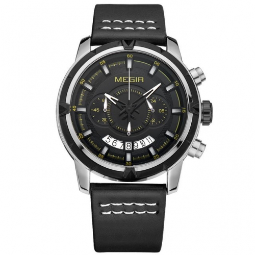 MEGIR New Style Leisure Textured Dial Multi-function Leather Strap Luminous Waterproof Men's Quartz Watch