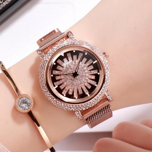 GEDI Luxury Diamond Inlaid Rotating Dial High-grade Steel Band Waterproof Quartz Ladies Watch