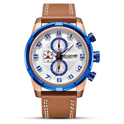 MEGIR Simplicity Hot Sale Leather Strap Multi-function Sport Waterproof Men's Quartz Watch