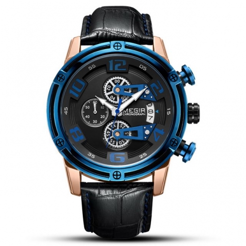 MEGIR Young Style Sport Leisure Leather Strap Multi-function Waterproof Men's Quartz Watch