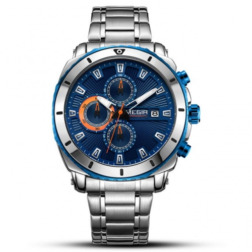 MEGIR Business Leisure Steel Band Multi-function Luminous Calendar Waterproof Men's Quartz Watch