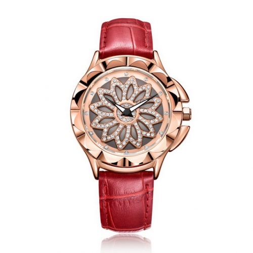 MEGIR Rotating Diamond Inlaid Dial Luxury Leather Strap Waterproof Ladies Quartz Watch