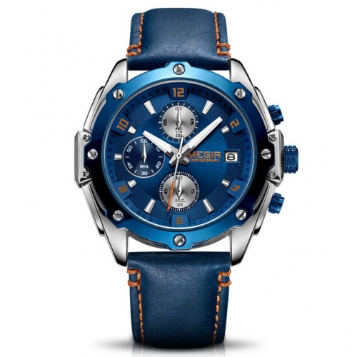 MEGIR Unisex Leisure Leather Strap Multi-function Chronograph Luminous Waterproof Men's Quartz Watch