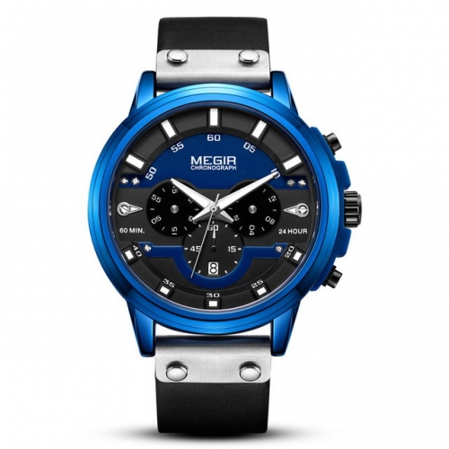 MEGIR Versatile Young Style Sport Leisure Leather Strap Multi-function Waterproof Men's Quartz Watch