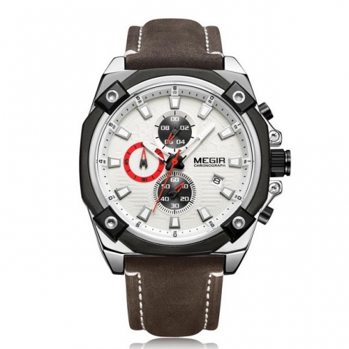 MEGIR High-grade Textured Dial Multi-function Leather Strap Luminous Waterproof Men's Quartz Watch