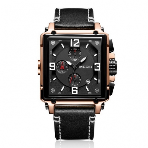 MEGIR Multi-function Personality Square Dial Leisure Leather Strap Waterproof Men's Quartz Watch