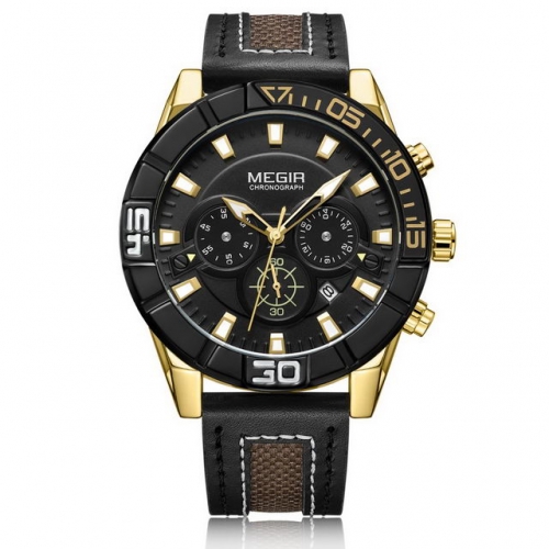 MEGIR Versatile Fashion Multi-function Dial Business Textured Leather Strap Waterproof Men's Quartz Watch