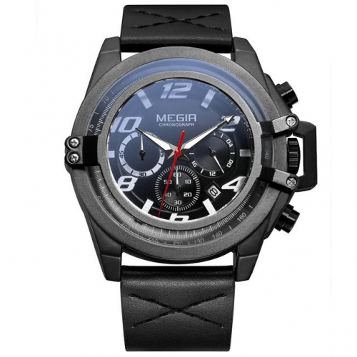 MEGIR Unique Frosted Dial Sport Style Multi-function Leather Strap Luminous Waterproof Men's Quartz Watch