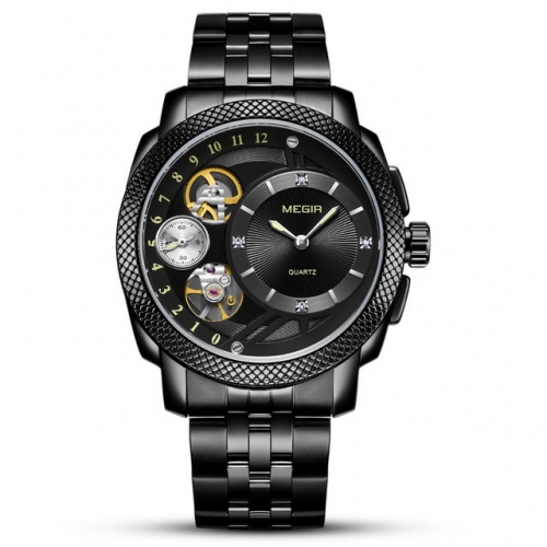 MEGIR Hollowed Dial Diamond Inlaid Multi-function Business Sport Waterproof Men's Quartz Watch