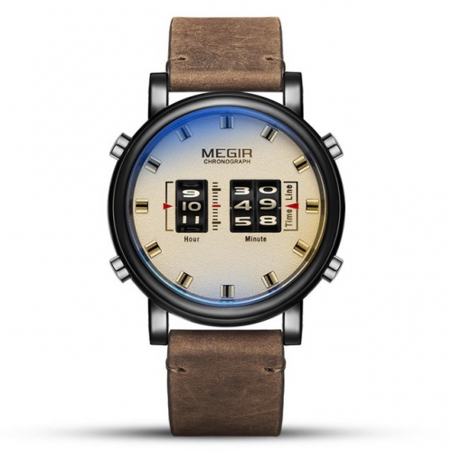 MEGIR Unique Roller Design Leather Strap New Business Fashion Waterproof Men's Quartz Watch