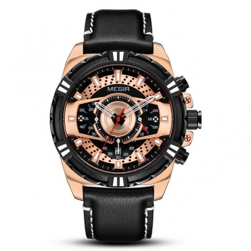 MEGIR New Style Big Sport Dial Leather Strap Multi-function Luminous Waterproof Men's Quartz Watch