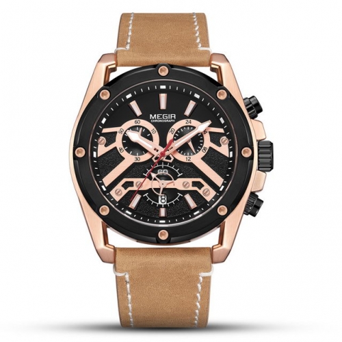 MEGIR Sport Fashion Leather Strap Textured Dial Multi-function Waterproof Men's Quartz Watch