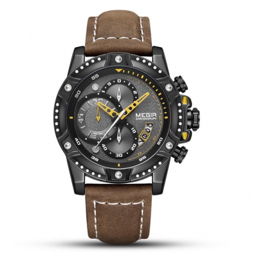 MEGIR Outdoor Sport Textured Dial Leather Strap Multi-function Luminous Waterproof Men's Quartz Watch