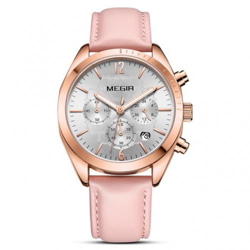 MEGIR Calendar Exquisite Dial Leather Strap Multi-function Luminous Waterproof Ladies Quartz Watch