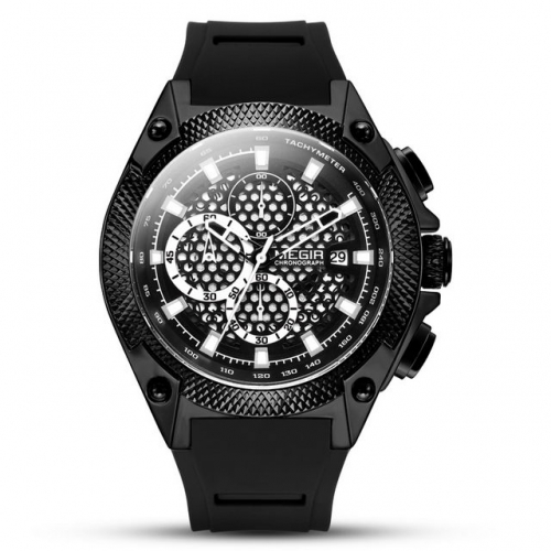 MEGIR Honeycomb Hollowed Dial Design Silica Gel Band Multi-function Waterproof Men's Quartz Watch