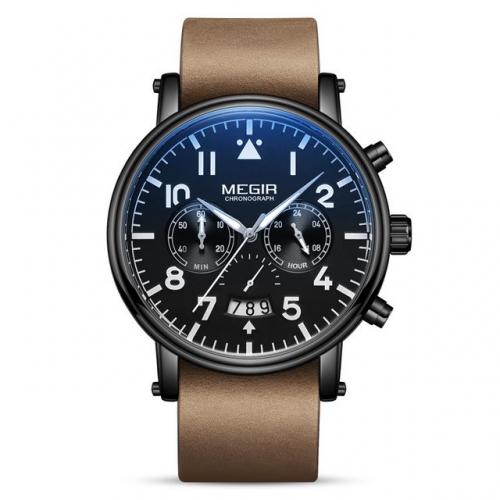 MEGIR Versatile Classical Big Dial Multi-function Leather Strap Business Sport Waterproof Men's Quartz Watch