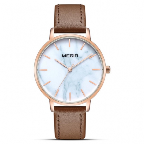 MEGIR Simplicity Marble Pattern Dial Leather Strap Imported Movement Waterproof Ladies Quartz Watch