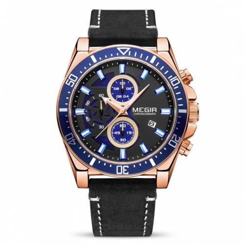 MEGIR Big Dial Three Small Pin Leather Strap Multi-function Luminous Waterproof Men's Quartz Watch