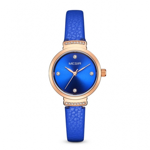 MEGIR Exquisite Simplicity Diamond Inlaid Dial Leather Strap Waterproof Ladies Quartz Watch