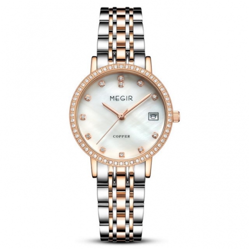 MEGIR Diamond Inlaid Dial Multi-function High-grade Steel Band Waterproof Ladies Quartz Watch