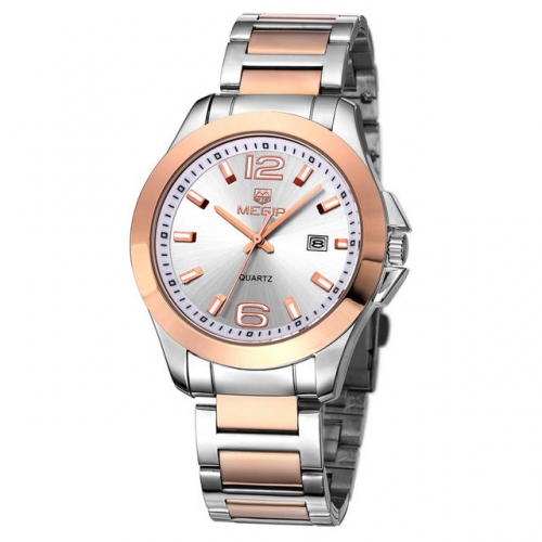 MEGIR High-grade Multi-function Calendar Steel Band  Luminous Waterproof Lovers Quartz Watch