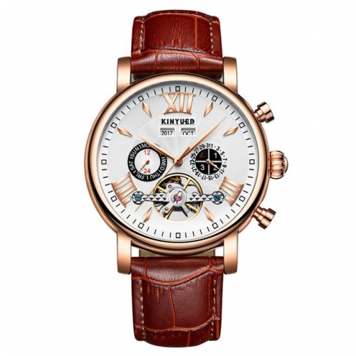 KINYUED Hollowed Dial Luminous Leather Strap Business Calendar Week Waterproof Men's Automatic Watch