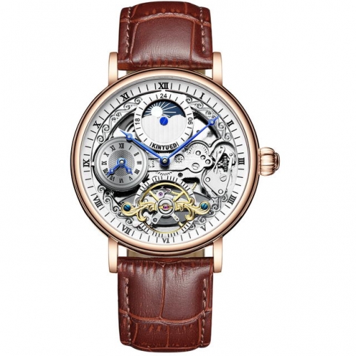 KINYUED Double Time Zones Business Leather Strap Waterproof Flywheel Moon Phase Men's Automatic Watch