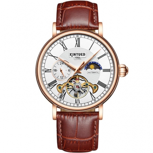 KINYUED Flywheel Hollowed Dial Moon Phase Display Business Waterproof Men's Automatic Watch