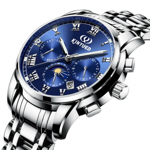 KINYUED Moon Phase Display Luminous Steel Band Business Calendar Week Waterproof Men's Automatic Watch